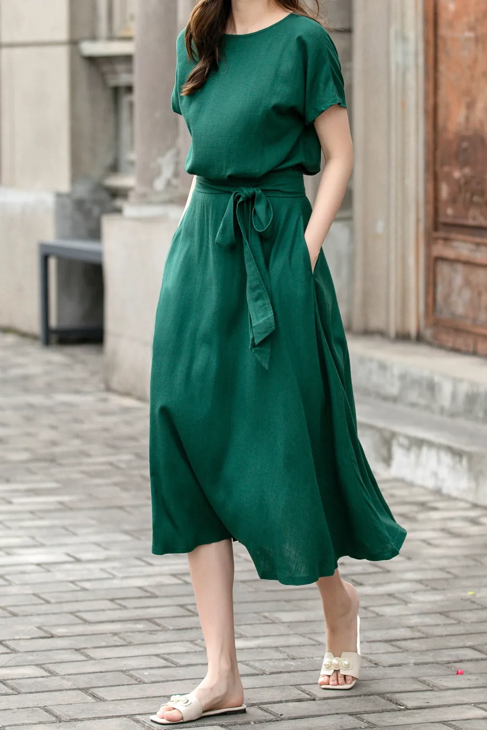 Classic Linen Cotton Fit And Flare Swing Short Sleeve Midi Dress
