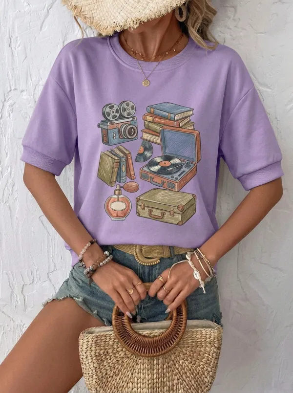 Women's Vintage Aesthetic Books Camera Record Player Printed T-shirt