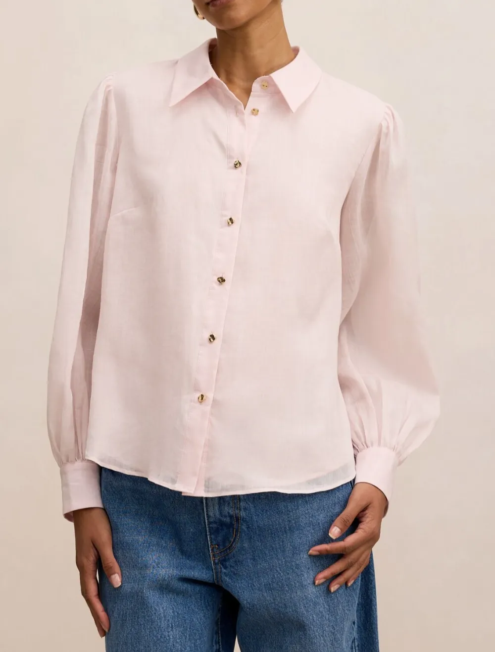 Light Pink Petite Long Sleeve Button-Up Blouse