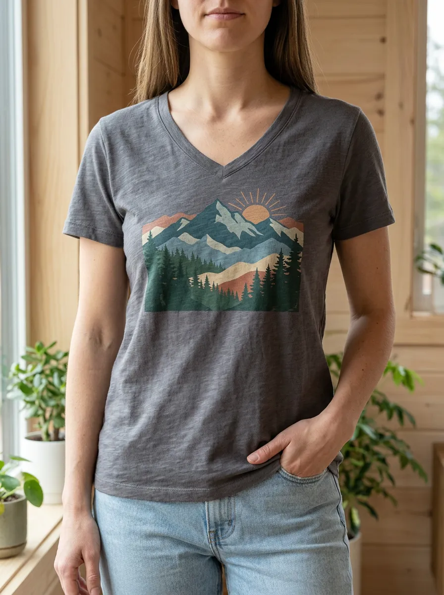 Women's Nature Lover Mountain Forest Sunset Printed V-Neck T-Shirt