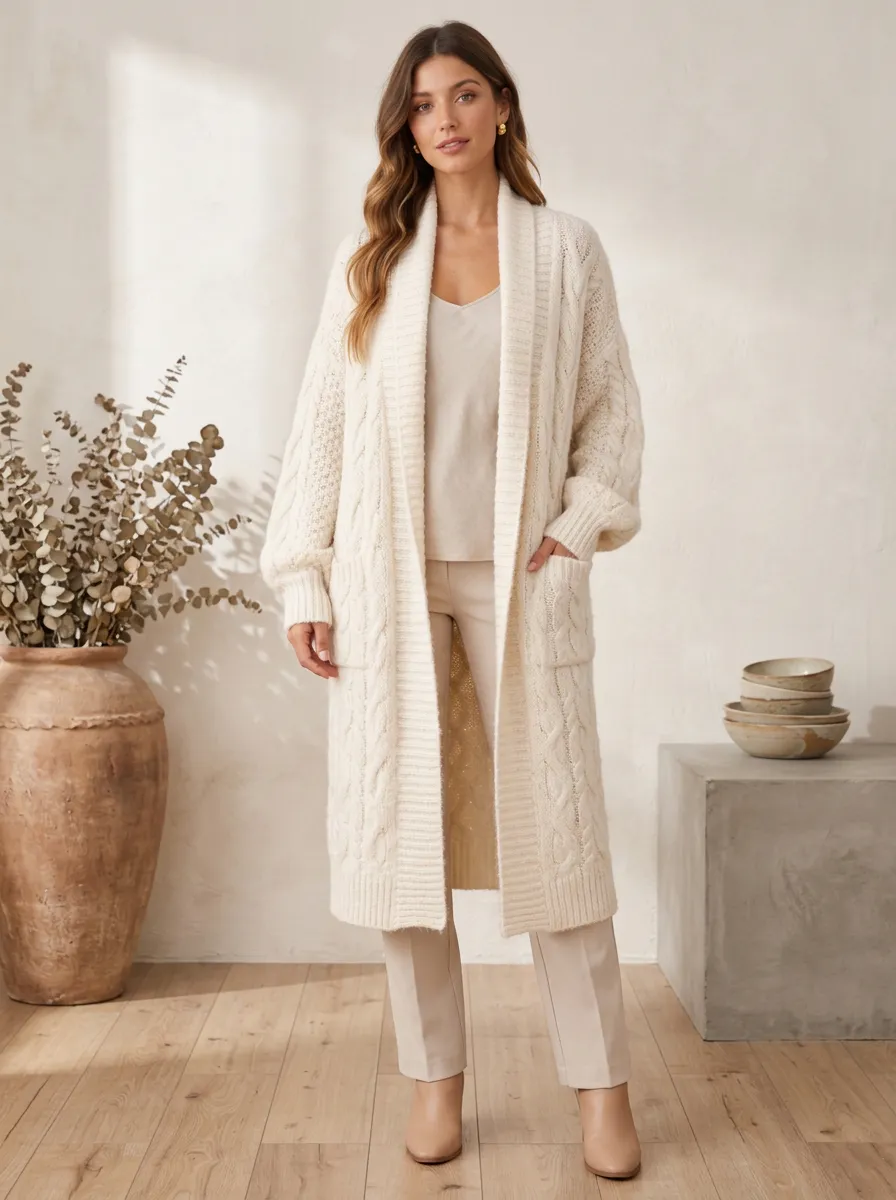 Women's Casual Minimalist Cream Cable Knit Long Cardigan