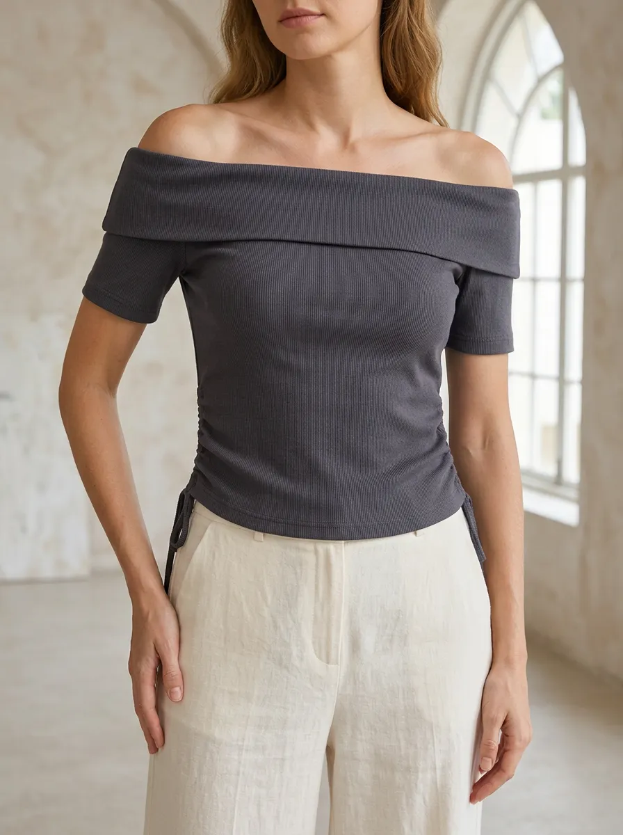 Women's Casual Ribbed Off-Shoulder Side-Ruched Top