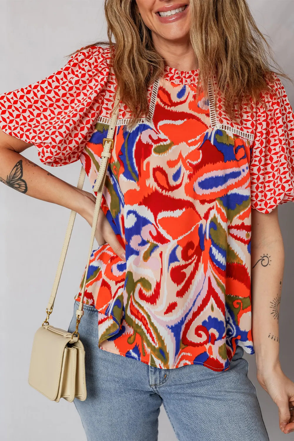 Red Paisley Geometric Mixed Print Blouse