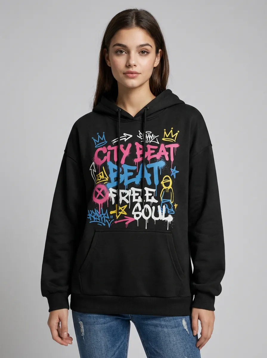 Women's City Beat Free Soul Graffiti Art Printed Hoodie