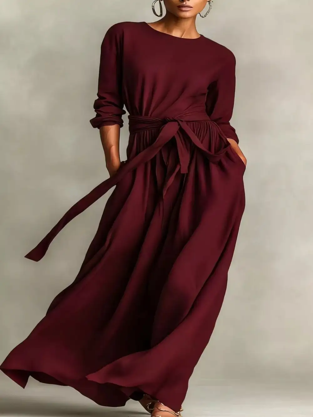 Relaxed Shape Tie Waist Long Sleeve Maxi Dress