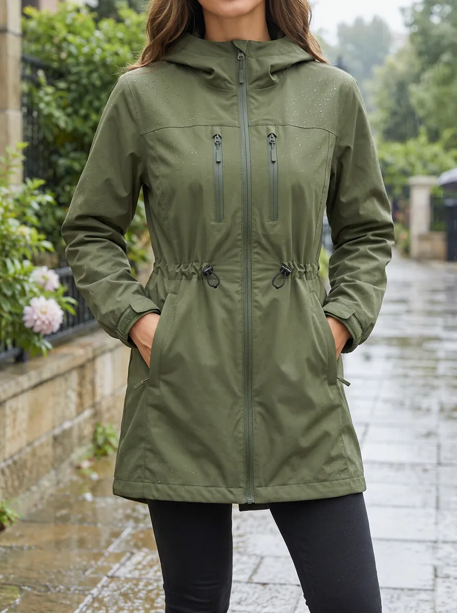 Women's Olive Green Waterproof Hooded Rain Jacket