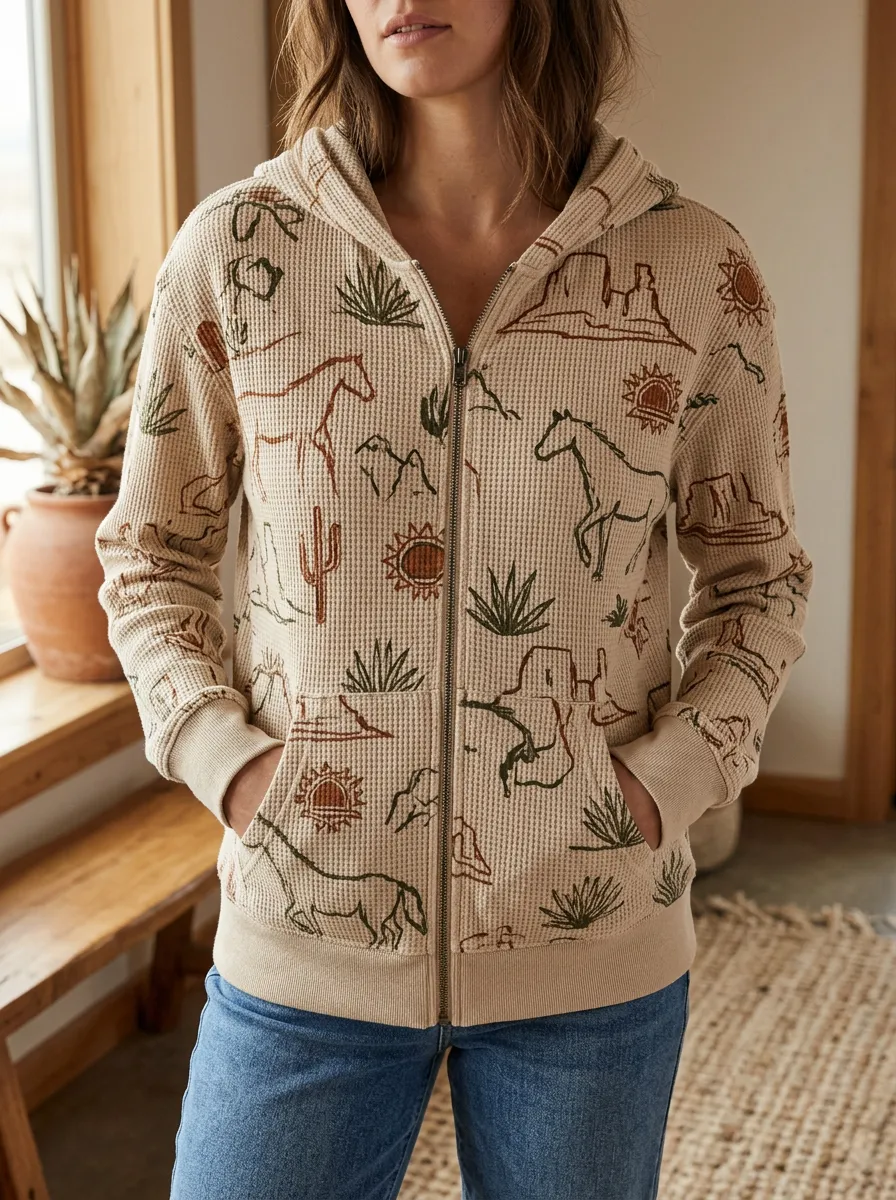 Women's Western Desert Horse Signature Motif Waffle Zip-Up Hoodie