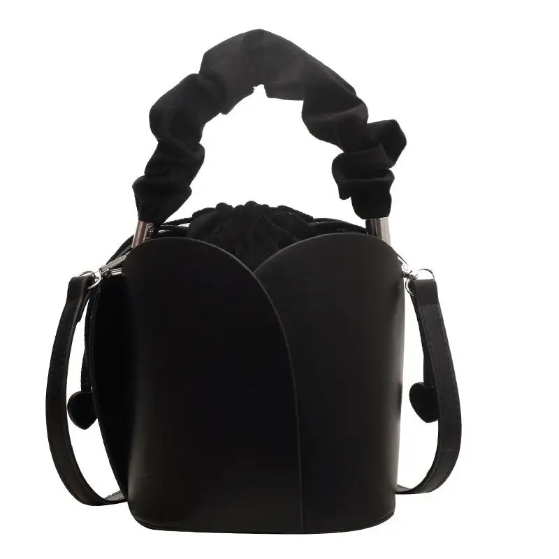 Faux Leather Pleated Drawstring Bucket Bag