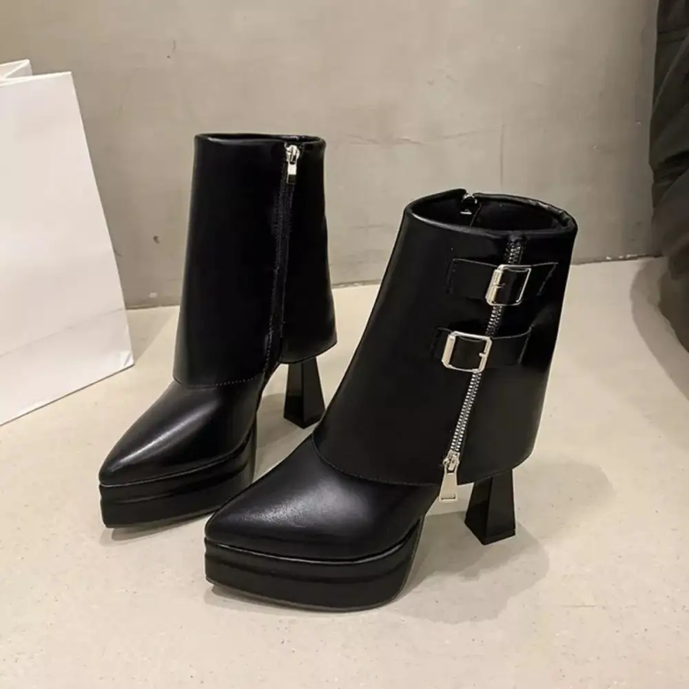 Buttoned Weekend Point Toe Block Heels Boots