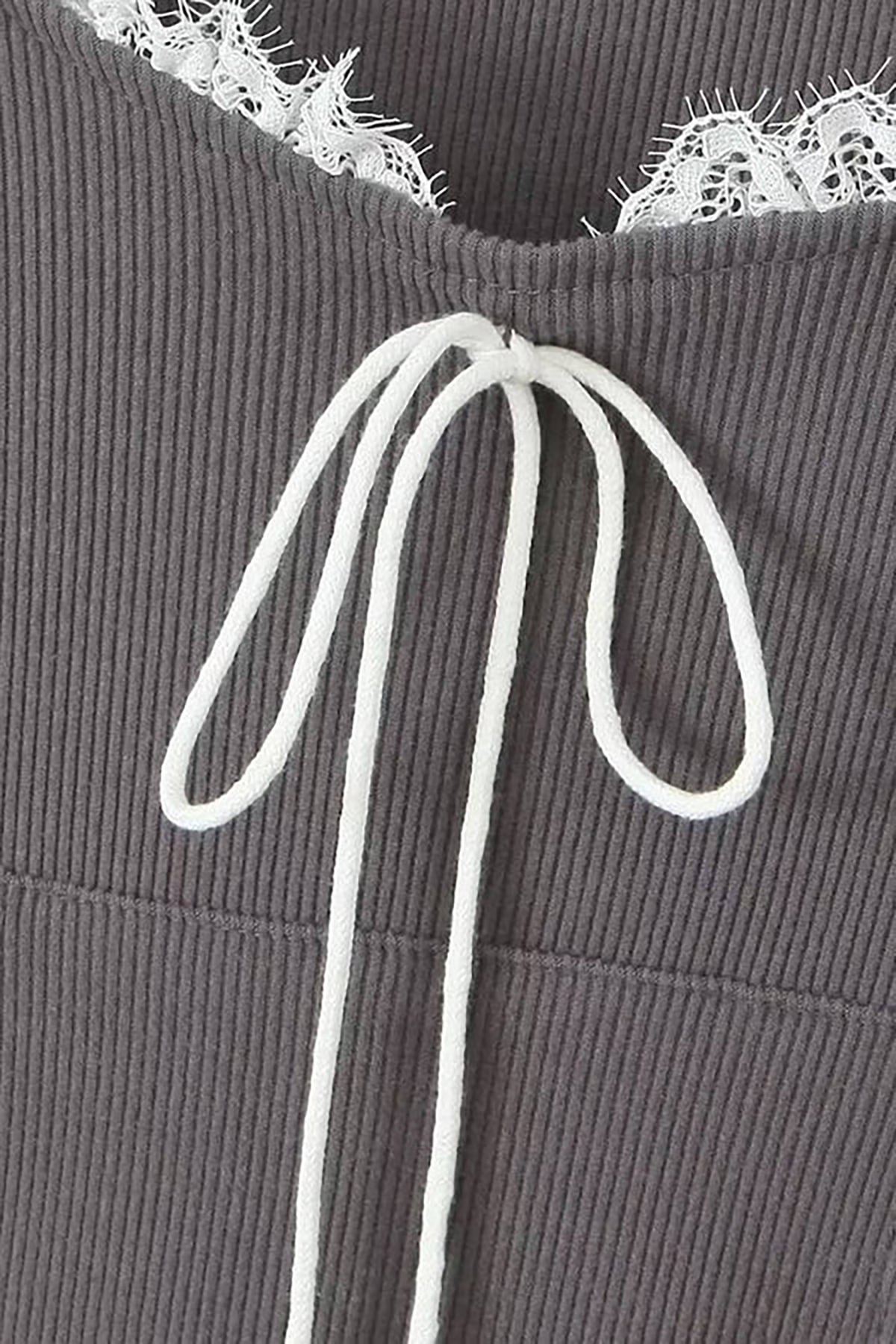 Cute Bow Lace Scoop Neck Kangaroo Pocket Ribbed Crop Hooded Top