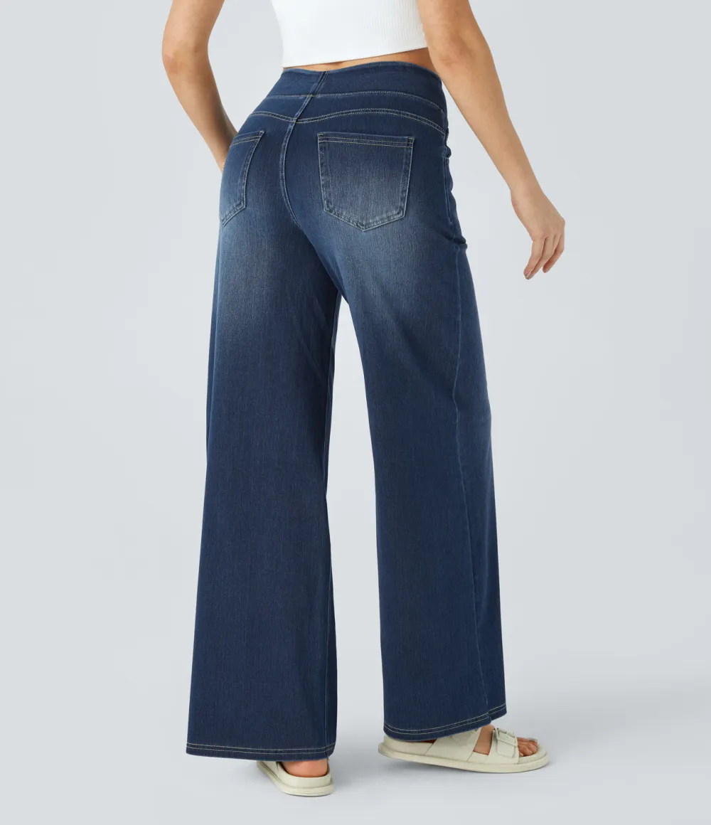Magic High Waisted Multiple Pockets Wide Leg Washed Stretchy Knit Casual Jeans
