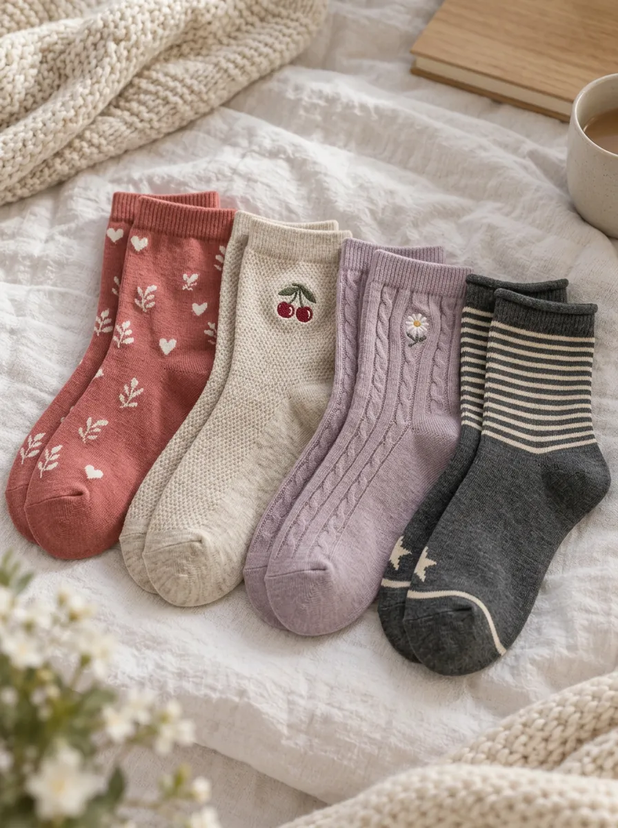 Women's Cherry Floral Striped Embroidered Printed Socks Set