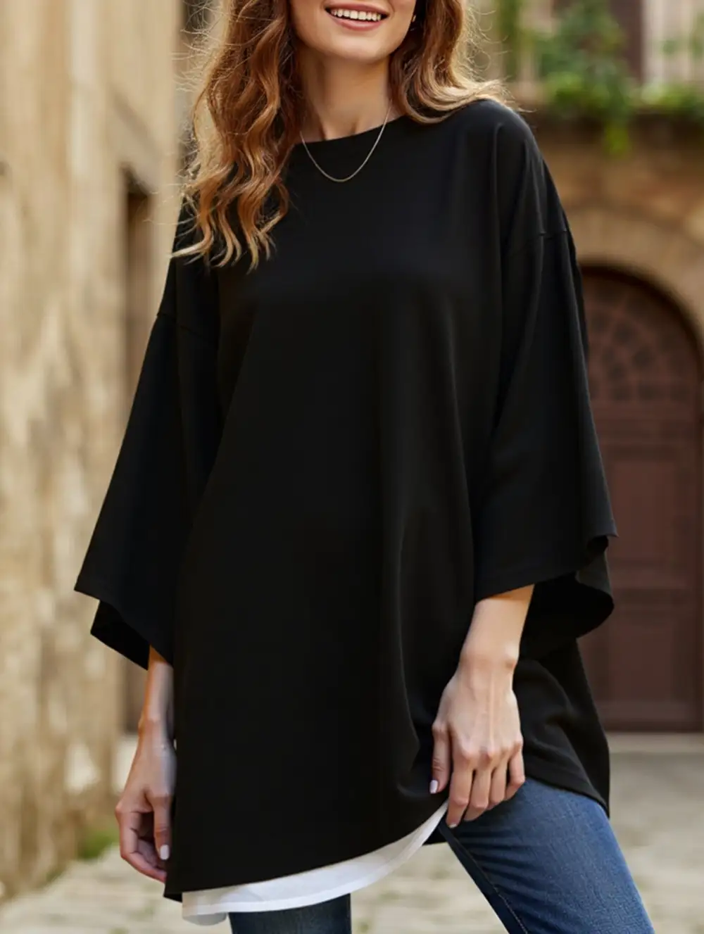 Round Neck Split Hem Long Sleeve Loose Top