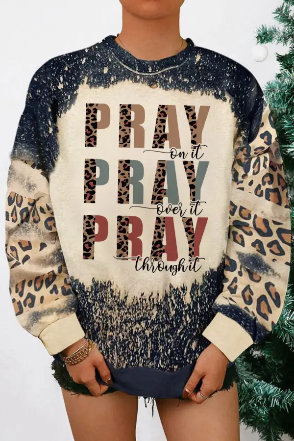 PRAY Letter Leopard Bleached Color Block Sweatshirt