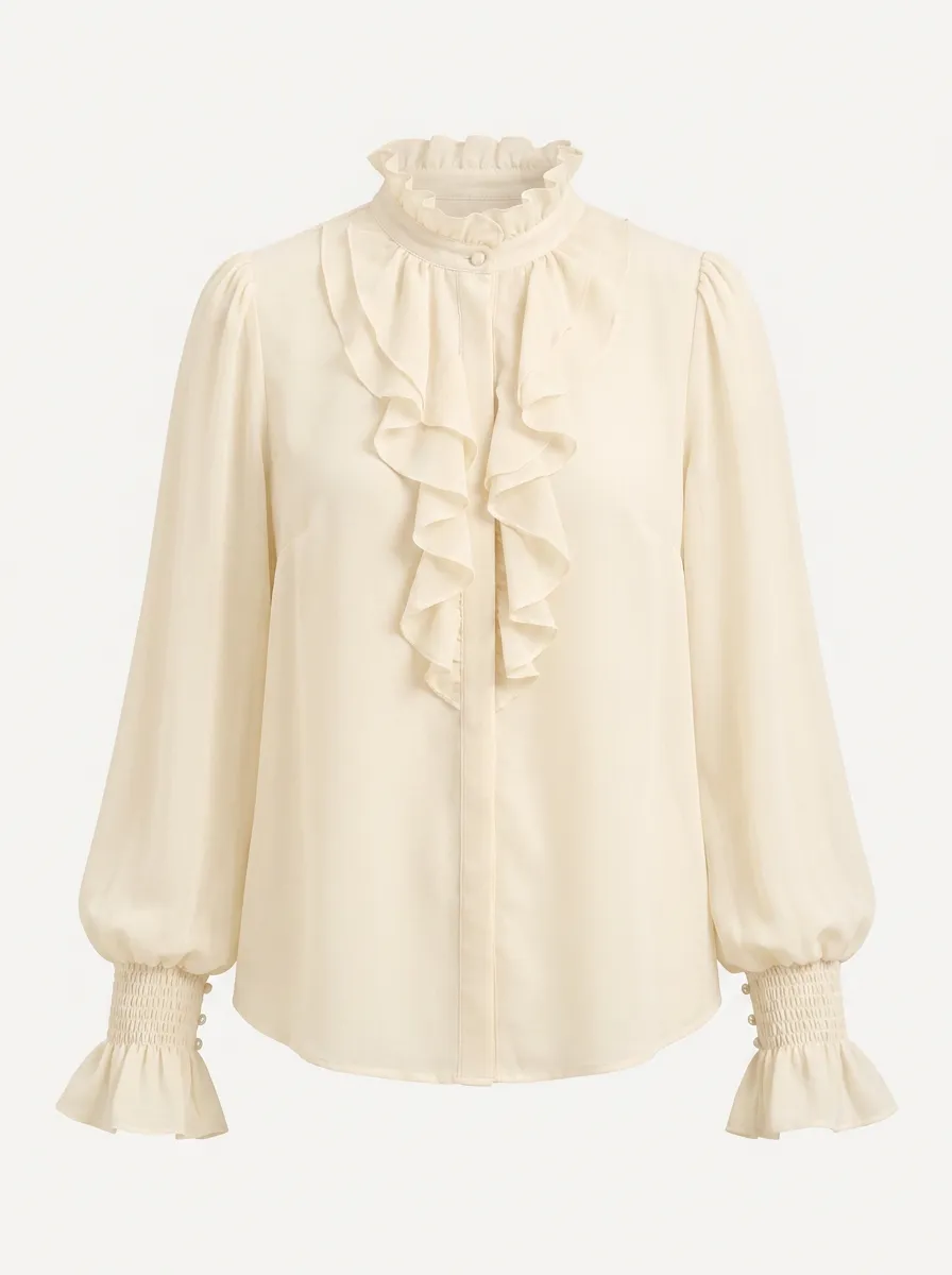 Women's Vintage Ruffle Stand Collar Long Sleeve Blouse