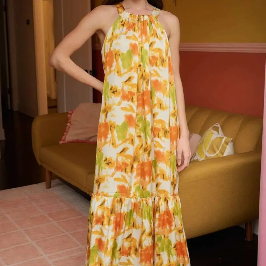 Watercolor Print Halter Neck Satin Maxi Dress