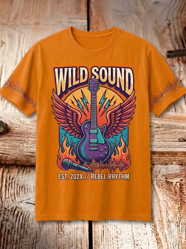 Unisex Rock Music Lover Winged Guitar Flame Printed T-shirt