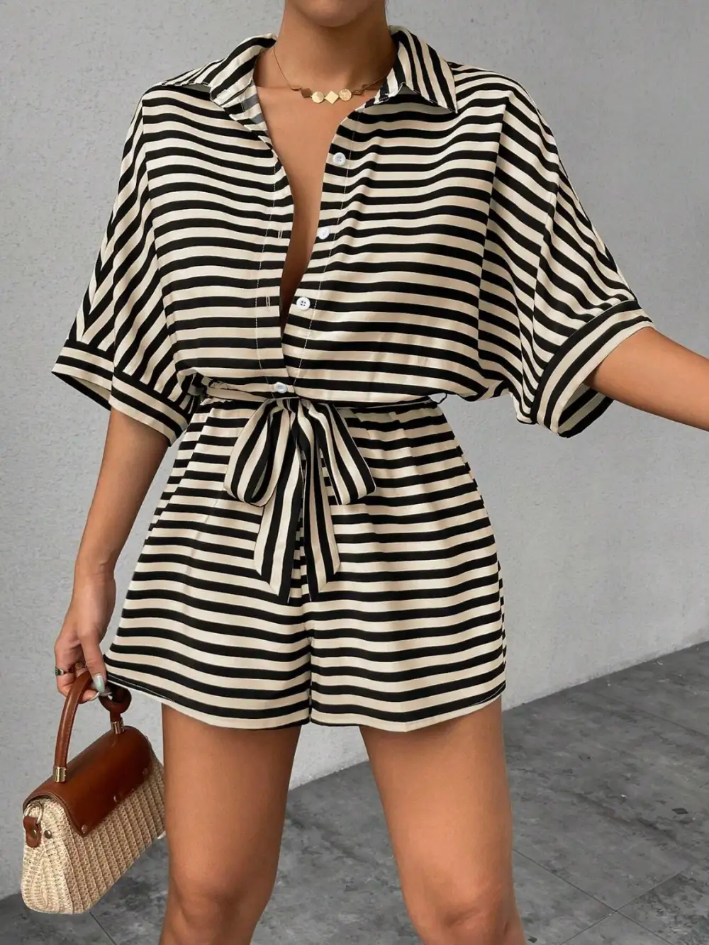 Tie Waist Half Button Romper