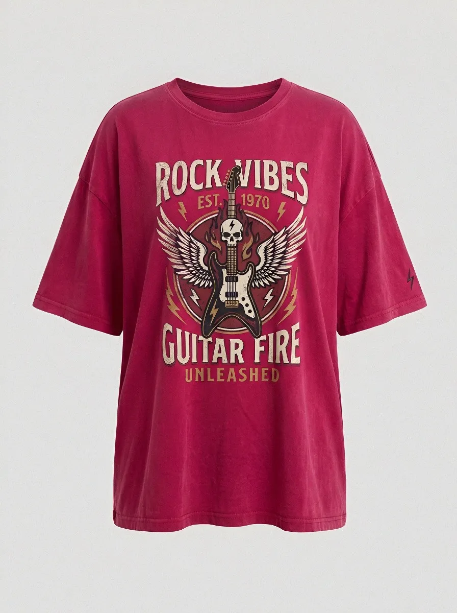 Unisex Rock Music Lover Winged Guitar Fire Printed T-shirt