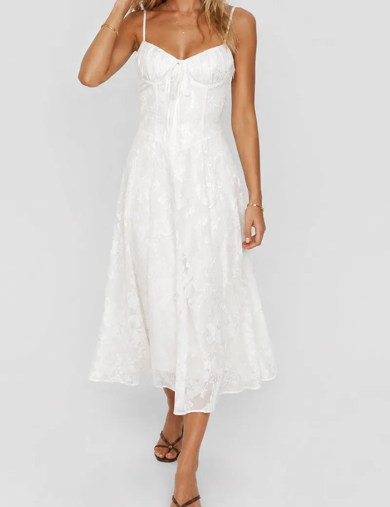 Elegant Corset Seamed Fitted Bodice Midi Dress