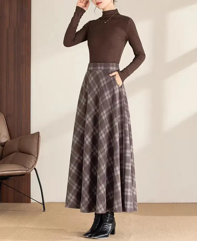 Plaid Wool A Line Maxi Skirt