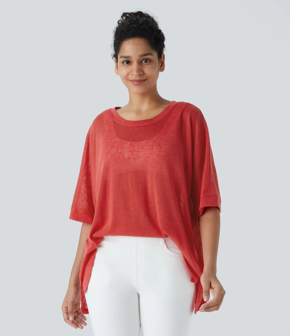 Asymmetric Split Hem Sheer Oversize Casual Top