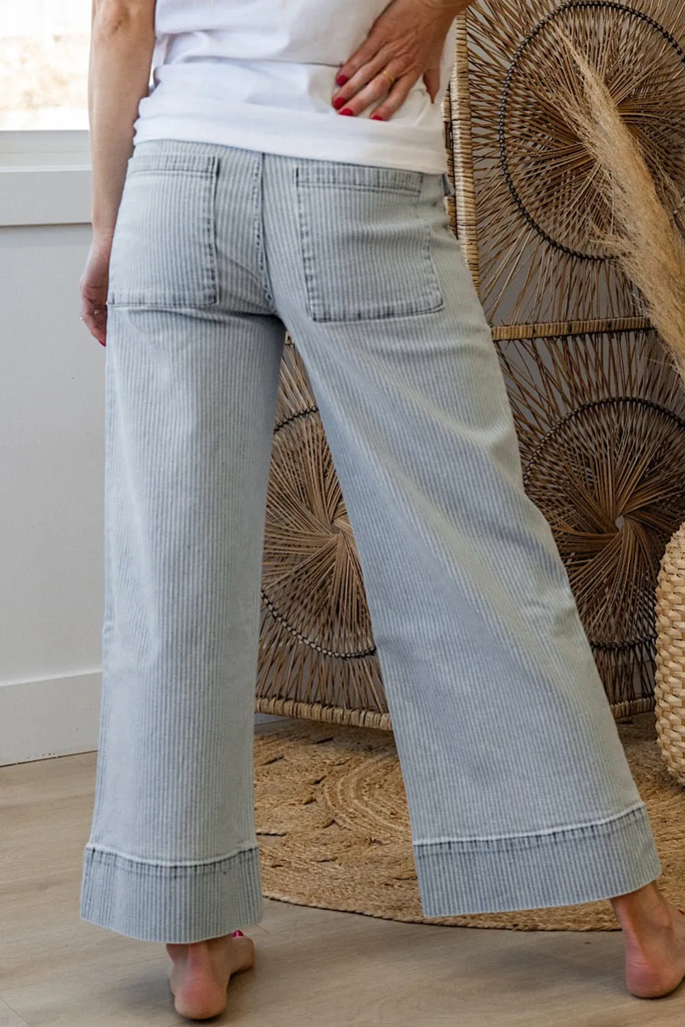 Striped Wide Leg Cuffed Hem Patch Pocket Casual Jeans