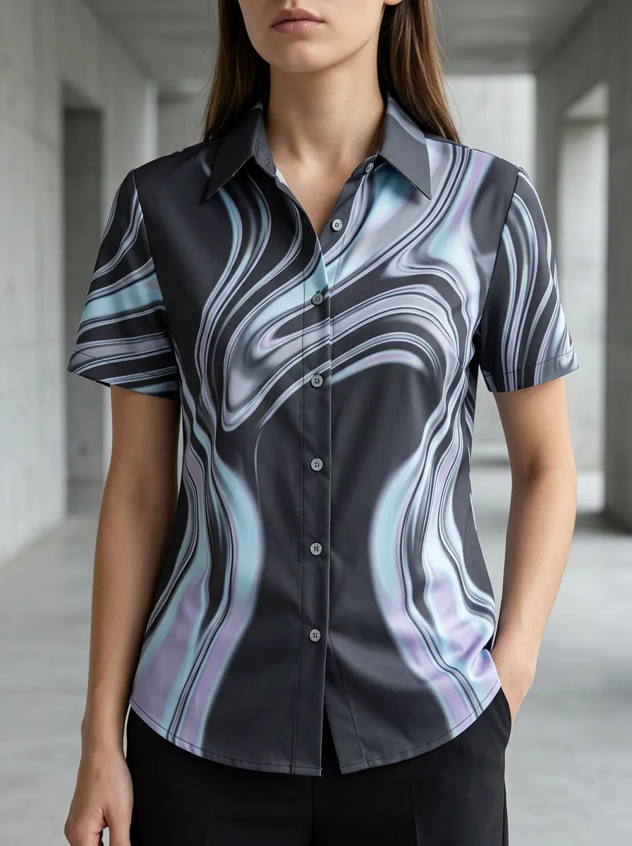 Women's Abstract Swirl Pattern Printed Short Sleeve Shirt