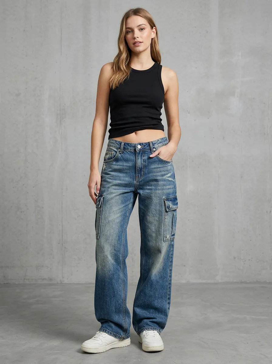 Women's Utility Denim Jeans with Distressed Detail in Neutral