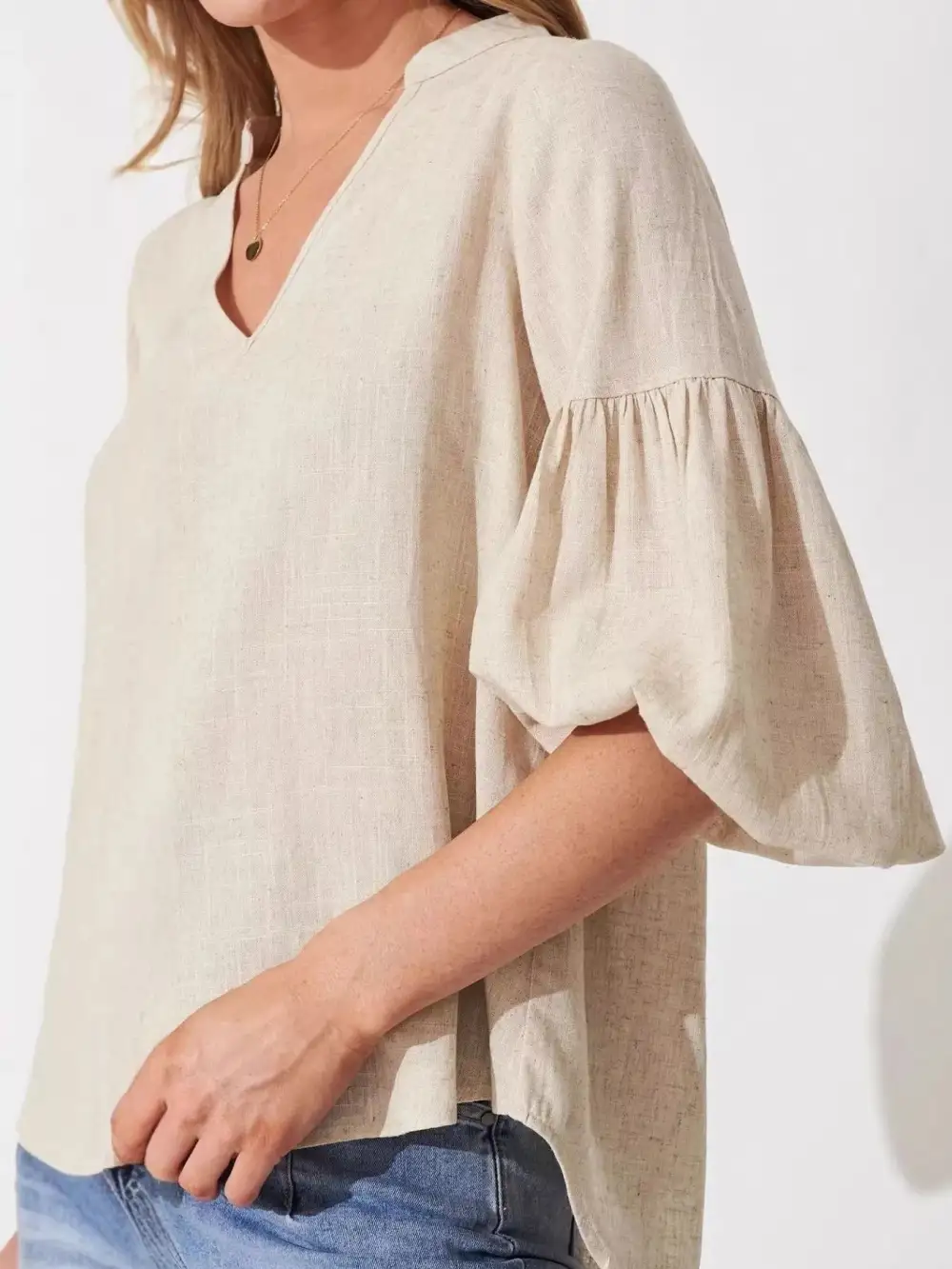 Notched-Neck Balloon-Sleeve Blouse