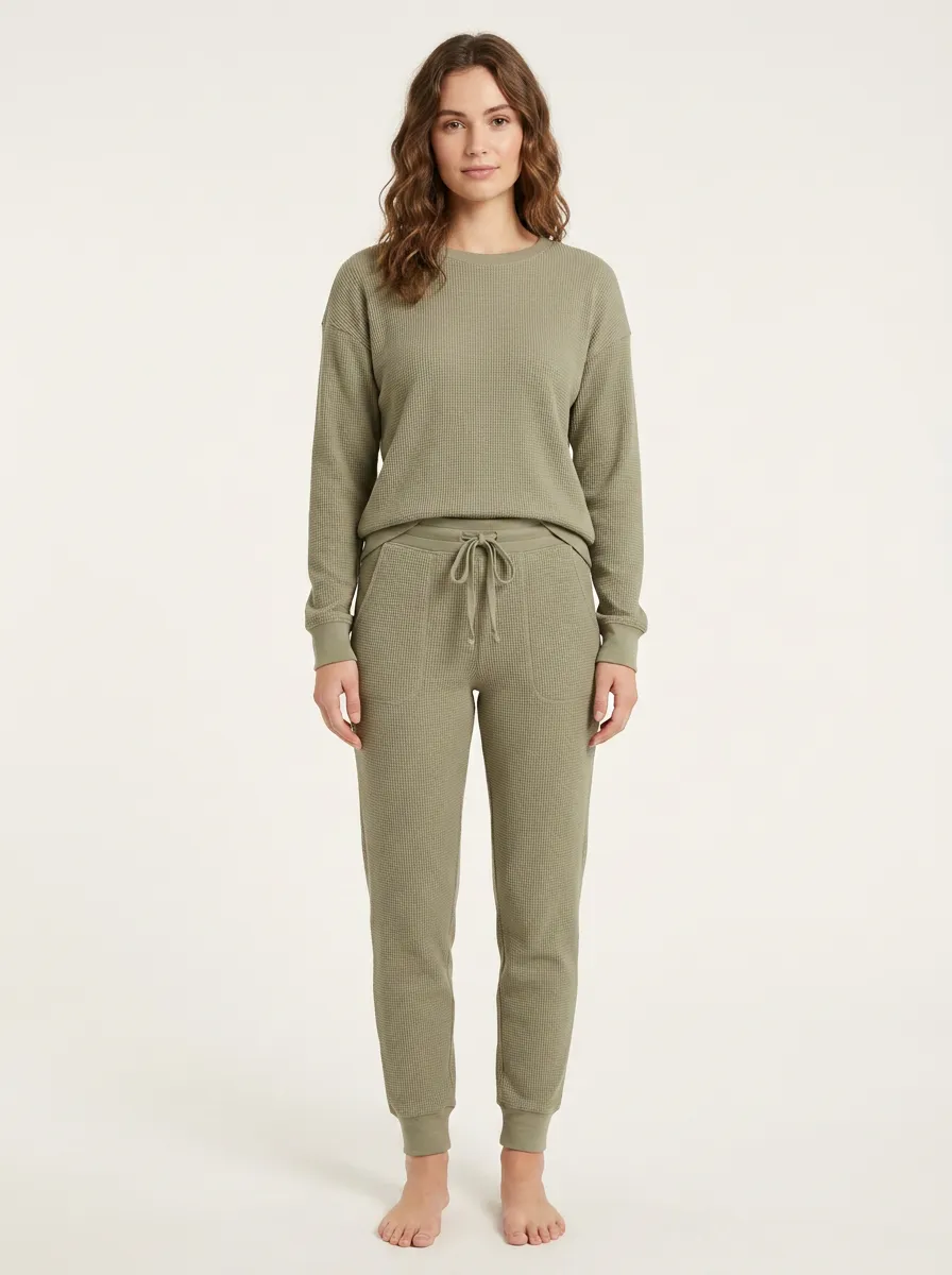 Women's Long Sleeve Waffle Knit Casual Set