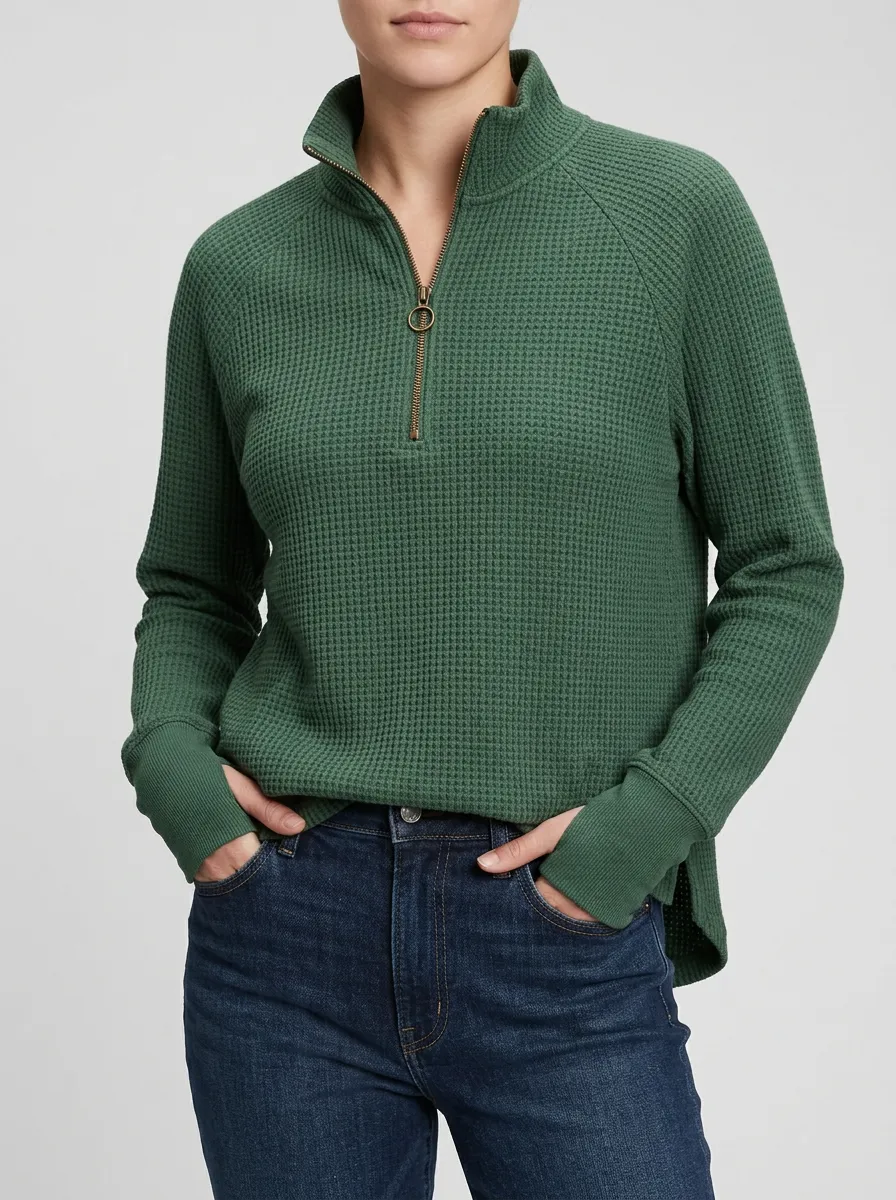 Comfort Focused Waffle Knit Quarter Zip Pullover Top