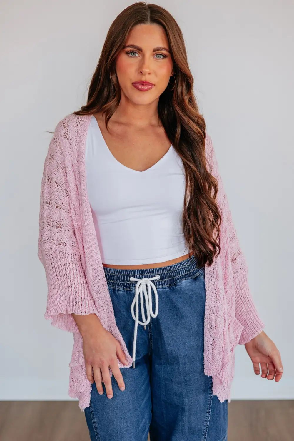 Drop Shoulder Crochet Knit Open Front Cardigan