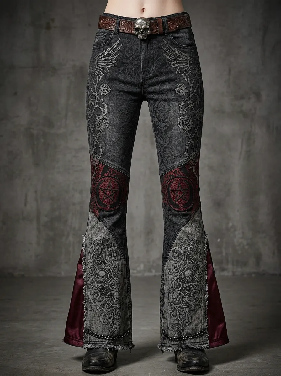 Dark Pentagram Skull Rose Collection Women's Gothic Flare Pants