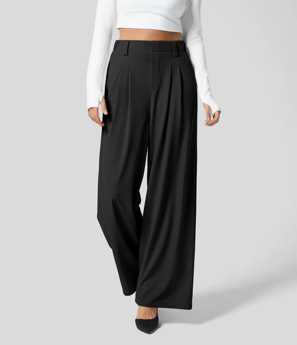 2026🔥  High Waisted Plicated Side Pocket Wide Leg Waffle Work Pants