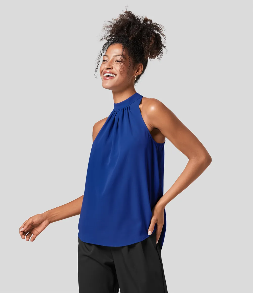 Keyhole Back Halter Plicated Sleeveless Curved Hem Work Blouse