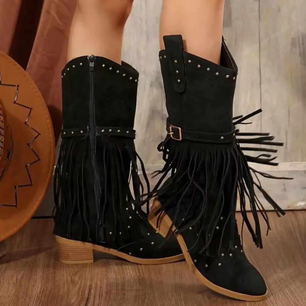 Casual Fringe Point Toe Block Heels Boots