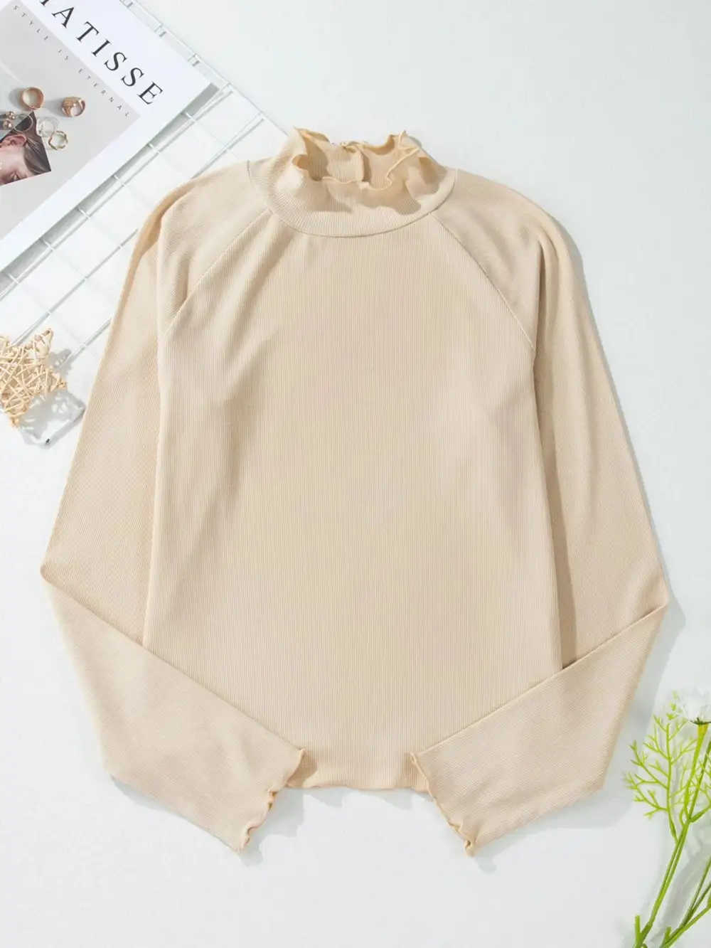Ribbed Knit Lettuce Trim Mock Neck Long Sleeve Top