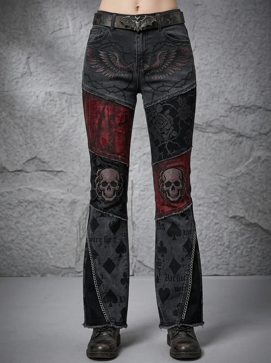 Dark Skull Rose Wing Alternative Look Women's Gothic Flare Pants