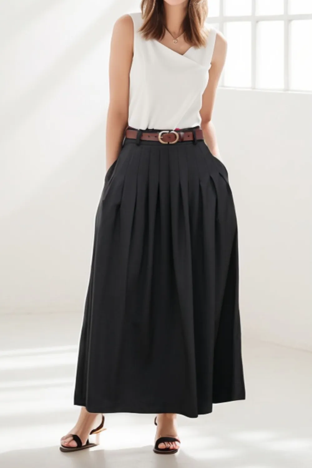Checkered Linen Blend Pleated Swing Pocketed Maxi Skirt