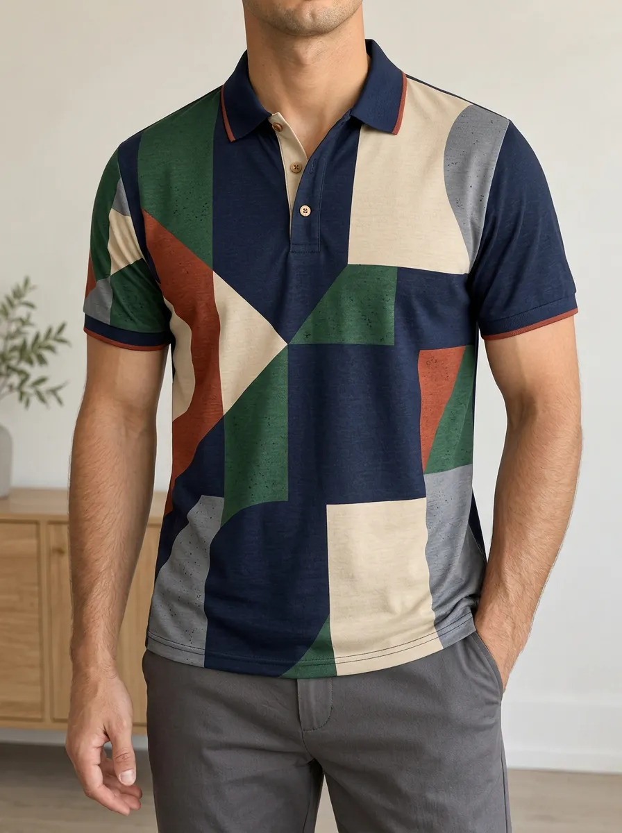 Men's Geometric Colorblock Pattern Printed Polo Shirt Classic Casual Style