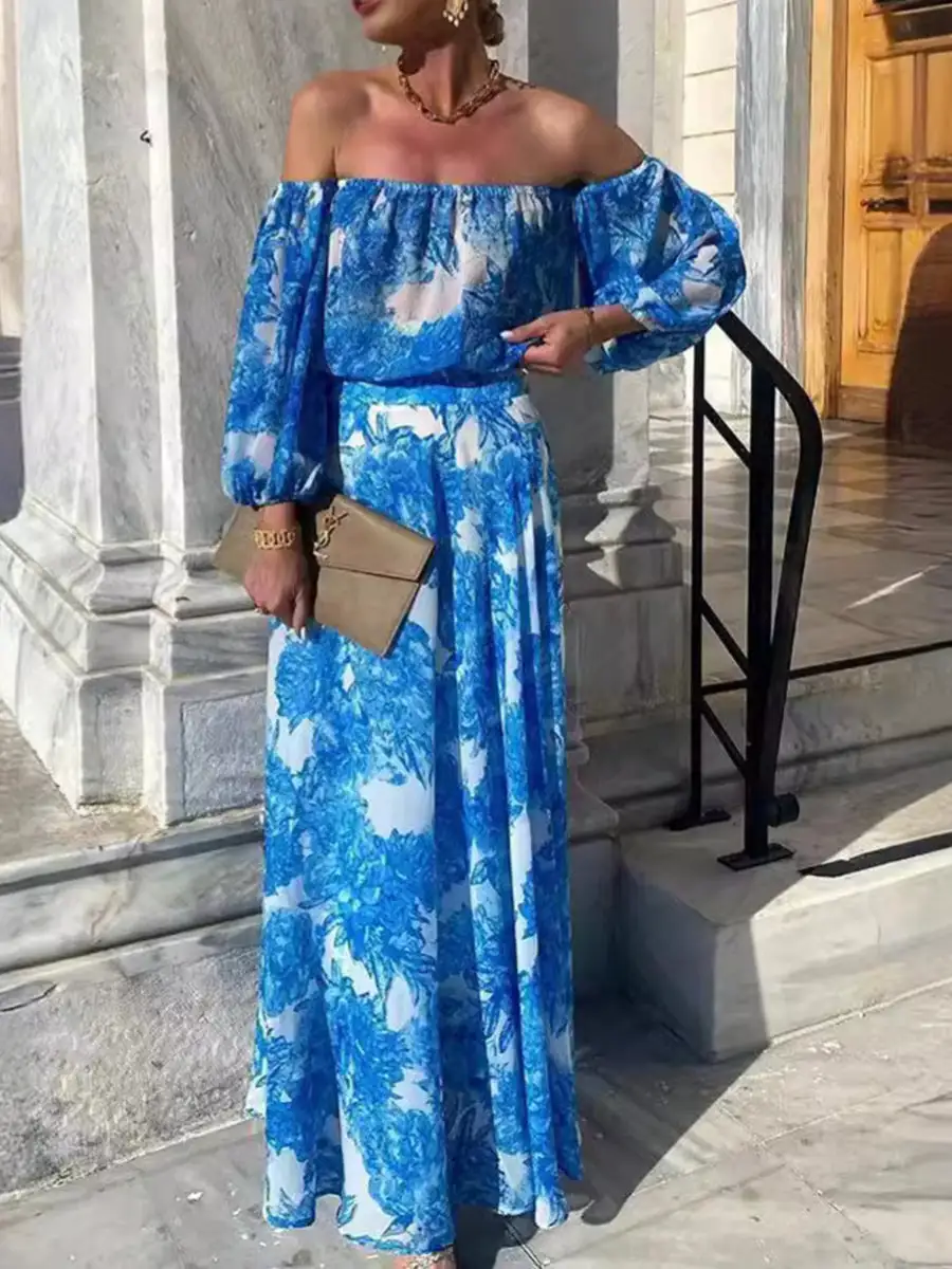 Pleated Printed Long Maxi Dress