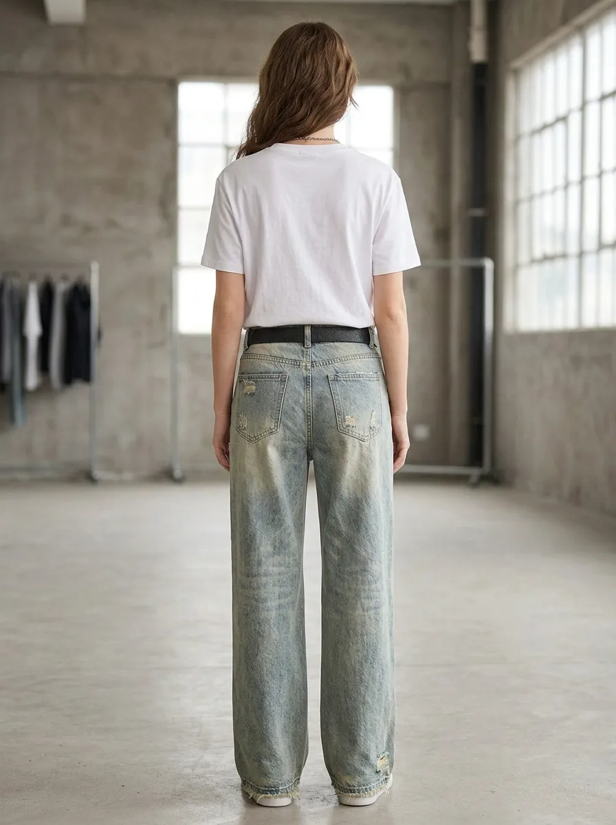 Women's Relaxed Vintage Distressed Wide Leg Denim Baggy Jeans
