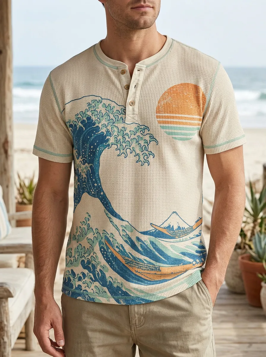 Men's Japanese Wave Sun Printed Waffle Henley T-shirt
