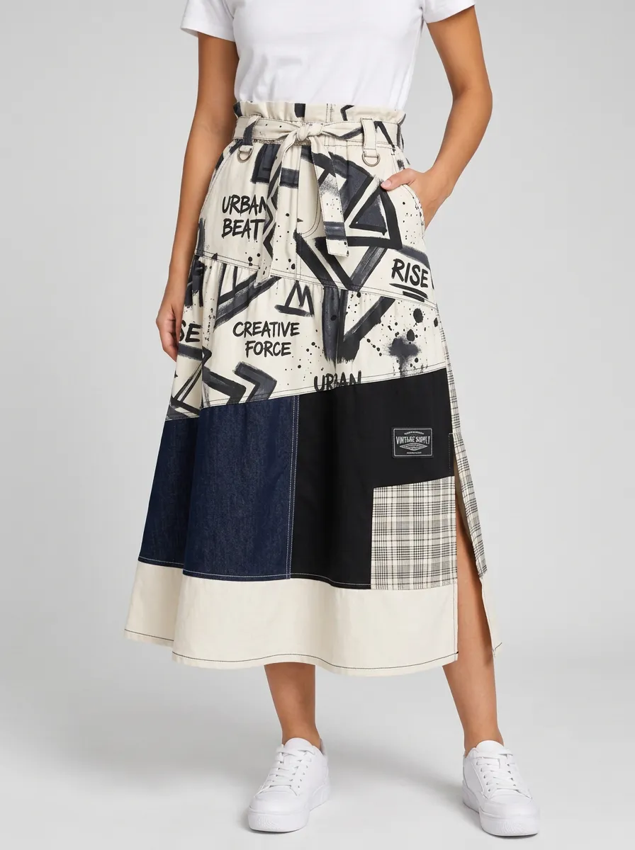 Women's Urban Graffiti Patchwork Printed Midi Skirt