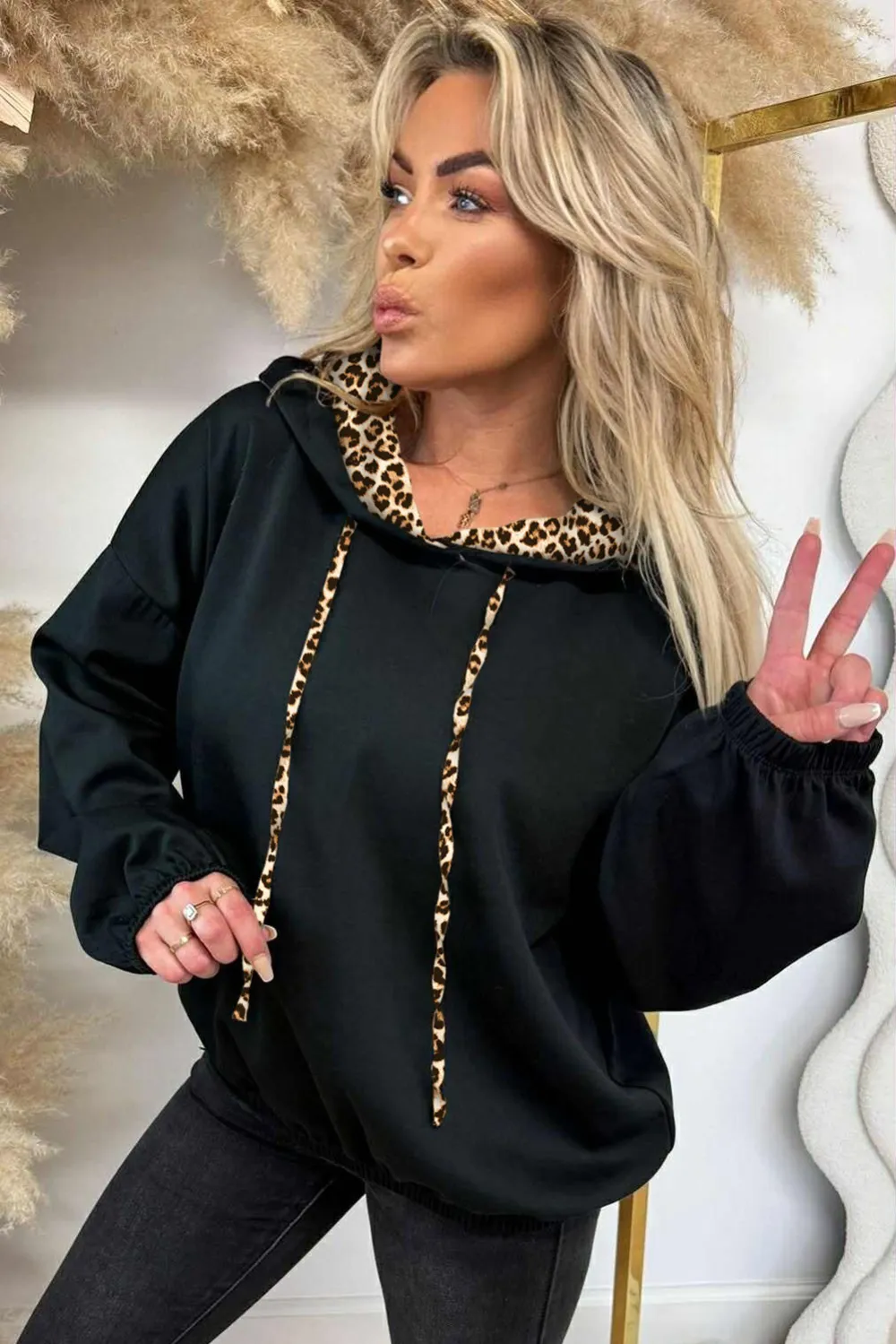Black Leopard Contrast Drawstring Hood Top