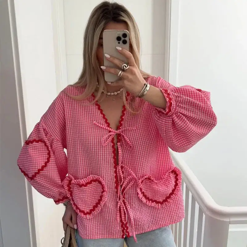 Gingham Tie Front Blouse