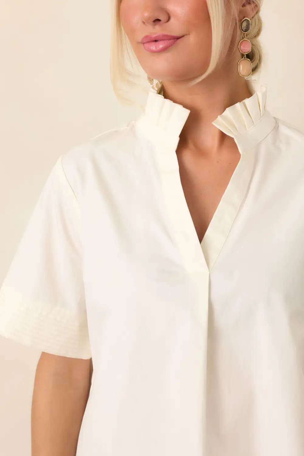 Refined Short-Sleeve Ruffle-Collar Cotton Denim Blouse