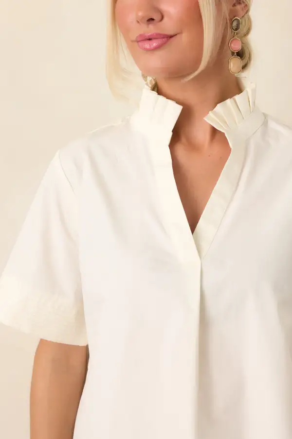 Refined Short-Sleeve Ruffle-Collar Cotton Denim Blouse