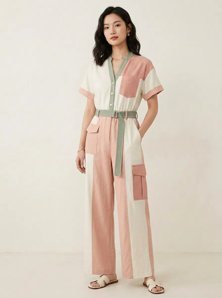 Women's Cedar Utility Patchwork Colorblock Belted Jumpsuit